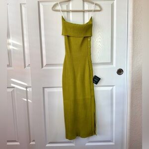 NWT Lulus Heightened Aura Chartreuse Ribbed Off-the-shoulder Sweater Dress Green